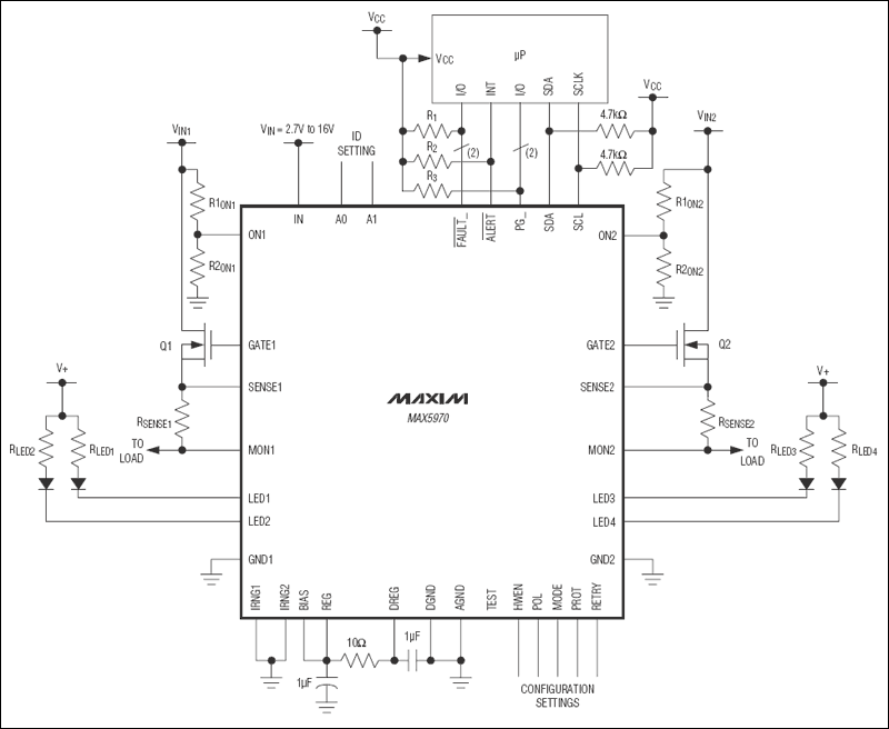 MAX5970 <b class='flag-5'>0V</b>至16<b class='flag-5'>V</b>、雙通道熱插拔控制器，帶有10位