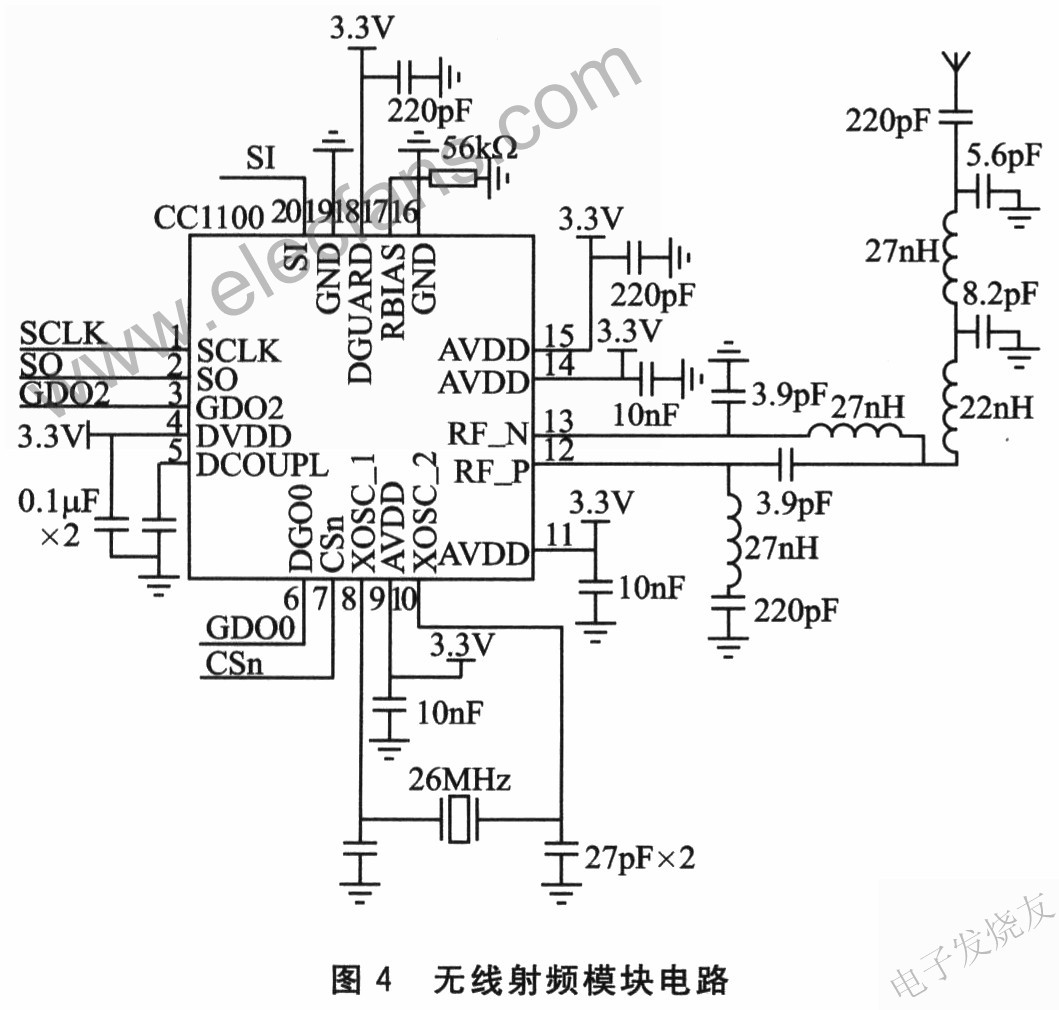 采用CC1100的無(wú)線(xiàn)射頻模塊電路圖