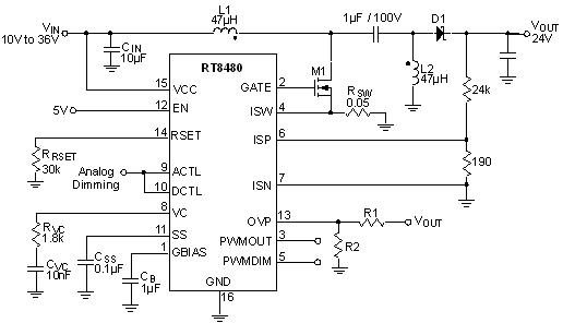 RT8480高壓升壓/SEPIC控制器及應用電路