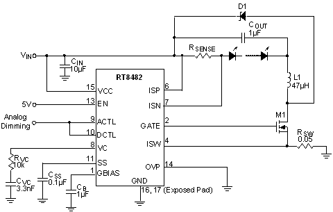RT8482应用电路(高电压高电流LED驱动器控制器)