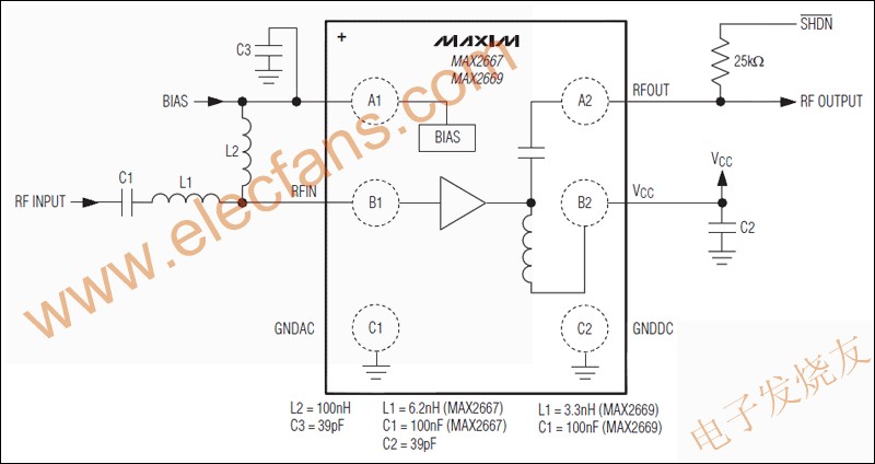 MAX2667/MAX2669高增益，低噪声放大器(LNA)