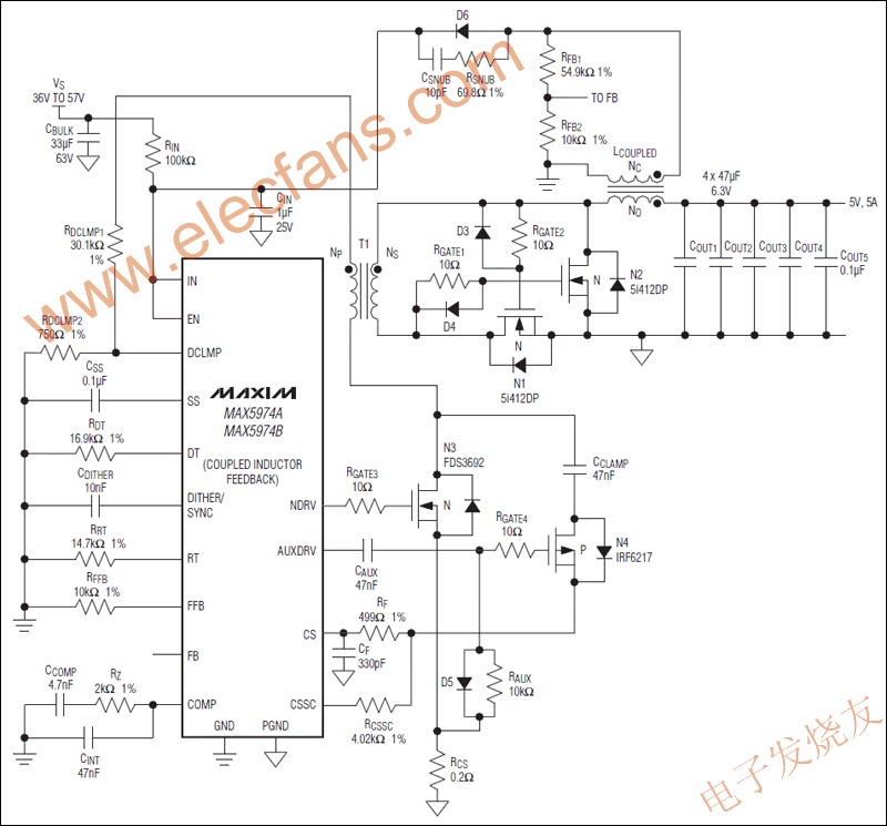 MAX5974宽输入电压范围、有源钳位、电流模式PWM控制器