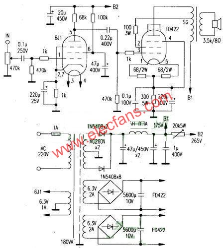 甲类单端胆管FD422制作2×12W功放电路图