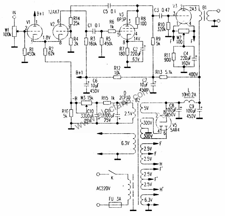 用差分式電路作輸入級的2A3單端輸出機電路圖