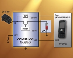 MAX8844/MAX8845提供电池检测和过压保护功能的28V双/单输入电池