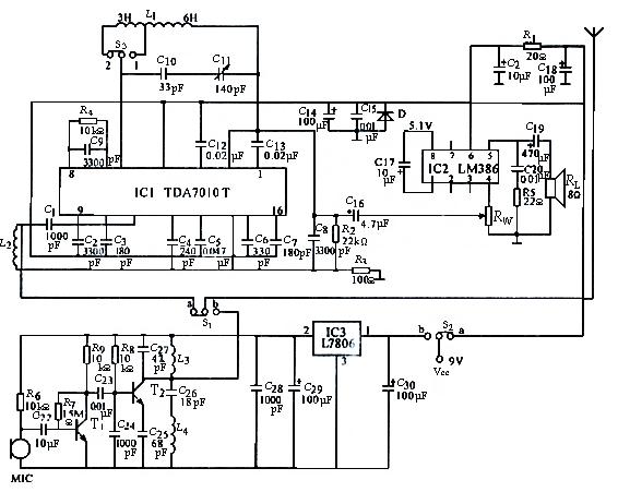 TDA7010T+LM386调频对讲机电路图
