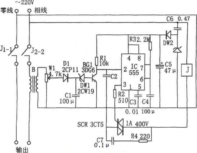 555构成的单相定量供电控制器电路图