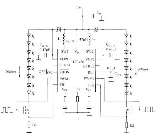 采用LT3486的汽車LED驅動器電路圖