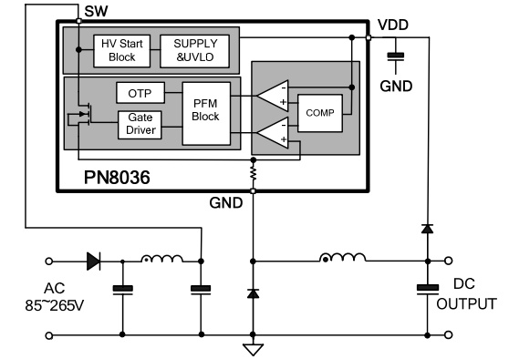 DIP7芯朋微PN8036非隔離AC-DC電源開關芯片12V500MA