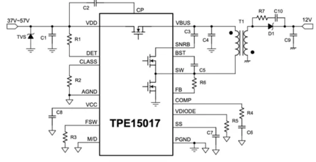 思瑞浦推出兼容IEEE 802.3 af的高集成度、有源鉗位反激PoE PD單芯片TPE15017