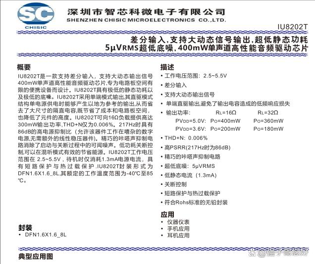 IU8202是一款能支持400mW單聲道的耳機(jī)功放-TWS耳機(jī)