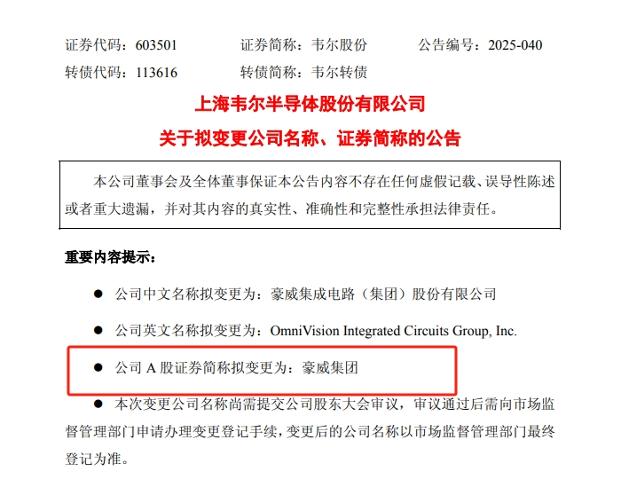 1600億市值國產傳感器巨頭改名 證券簡稱從“韋爾股份”變更為“<b class='flag-5'>豪</b><b class='flag-5'>威</b><b class='flag-5'>集團</b>”