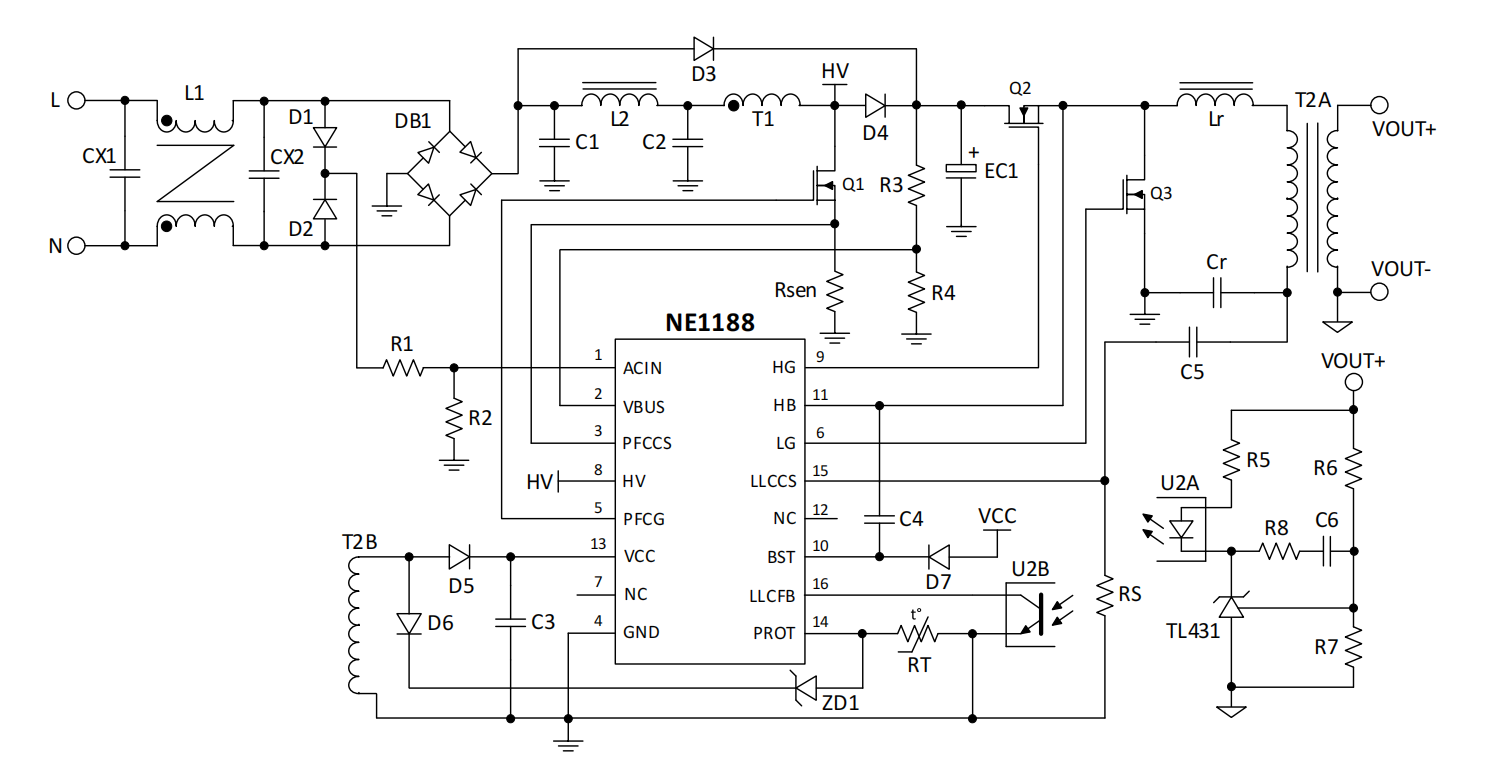 <b class='flag-5'>NE</b>1188 PFC+LLC二合一諧振控制器，THD＜10%，待機功耗小于<100mW