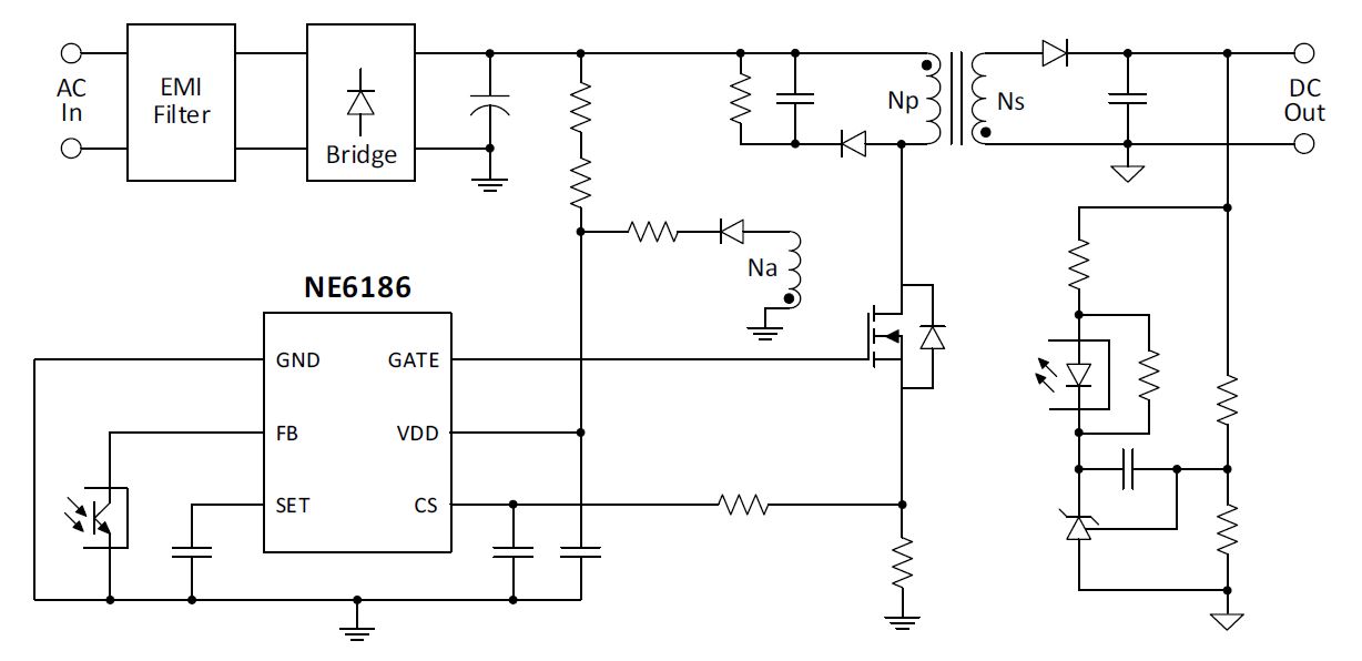 <b class='flag-5'>NE</b>6186 SSR恒壓恒流芯片，工作頻率65K，<b class='flag-5'>待機(jī)</b><b class='flag-5'>功耗</b>＜<b class='flag-5'>75mW</b>，<b class='flag-5'>功率</b>100<b class='flag-5'>W</b>