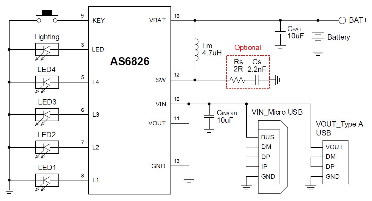 AS6826 1A 線性同步移動電源芯片-帶 KEY 鍵和手電筒功能，4燈指示