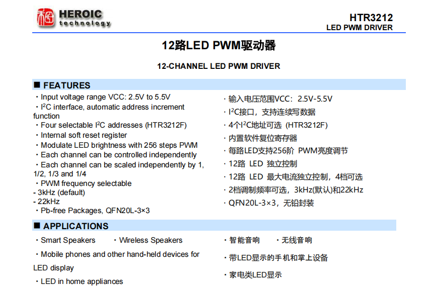 HTR3212  12路LED PWM驅動器