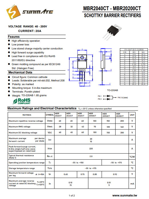 MBR20100CT肖特基二極管TO-220AB封裝100V電壓<b class='flag-5'>參數(shù)</b><b class='flag-5'>詳情</b>