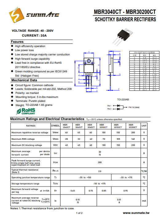 MBRF3045CT肖特基二极管ITO-220AB封装45V电压规格参数介绍