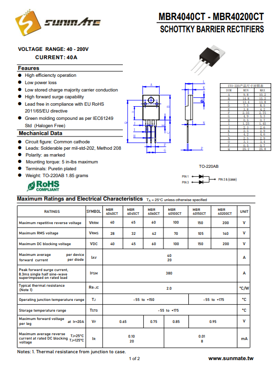 <b class='flag-5'>MBR4040CT</b><b class='flag-5'>肖特基</b><b class='flag-5'>二极管</b>40A电流40V<b class='flag-5'>规格</b>介绍