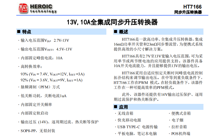 HT7166   13V,10A全集成同步升壓轉(zhuǎn)換器