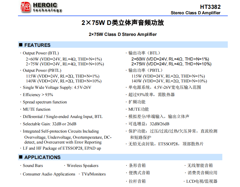 HT3382  2×<b class='flag-5'>75W</b> <b class='flag-5'>D</b><b class='flag-5'>類</b><b class='flag-5'>立體聲</b>音頻<b class='flag-5'>功放</b>