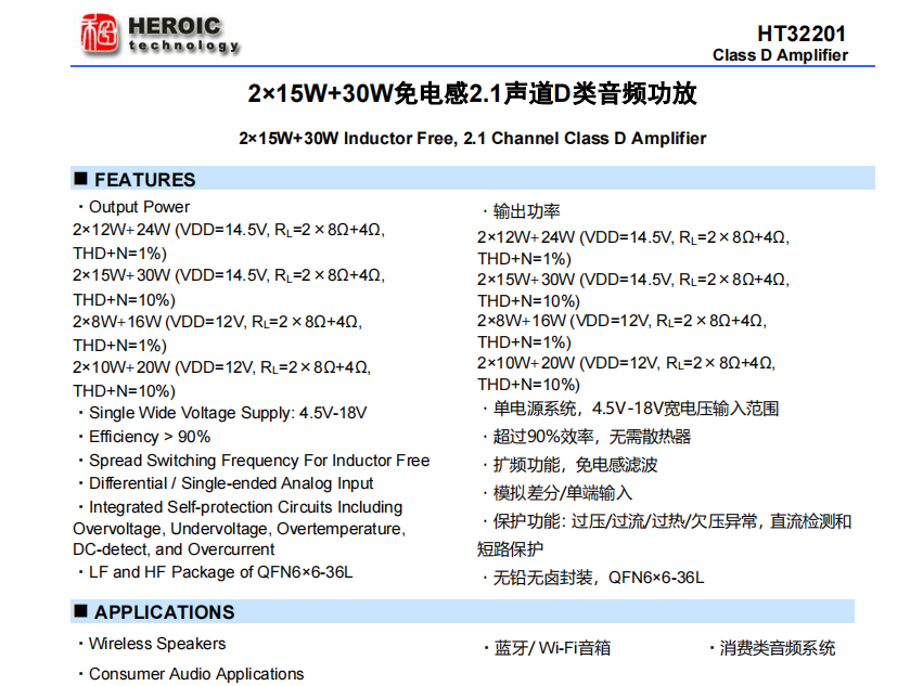 HT32201 2×15W+30W免电感2.1声道D类音频功放