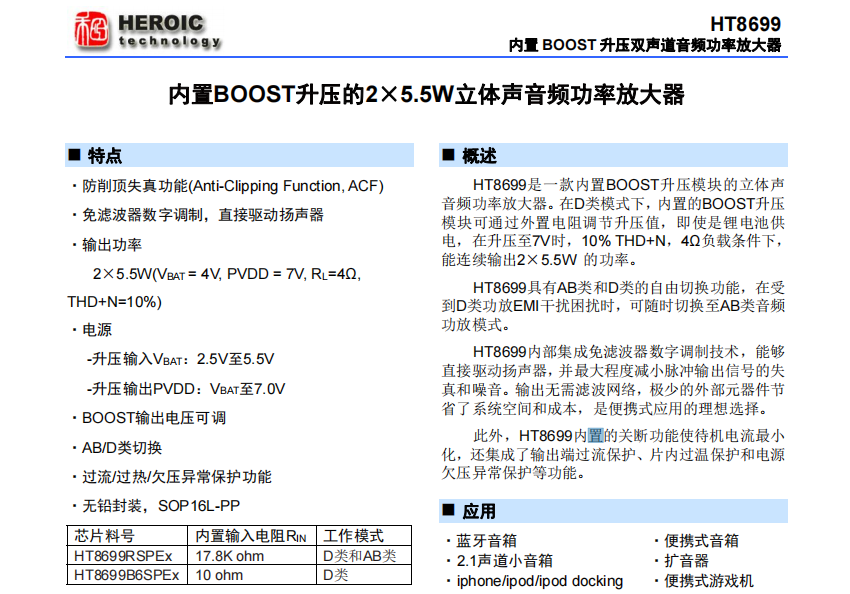 <b class='flag-5'>HT</b>8699  內(nèi)置BOOST升壓的<b class='flag-5'>2x5.5W</b><b class='flag-5'>立體聲音頻</b>功率放大器