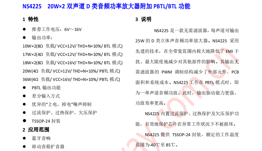 NS<b class='flag-5'>4225</b> 20W×2 双声道 D 类音频功率放大器附加 PBTL/BTL 功能