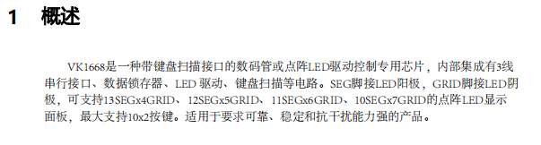 3线串行接口/可支持13×4的点阵LED显示面板/抗干扰数码管LED驱动VK1668 SOP24