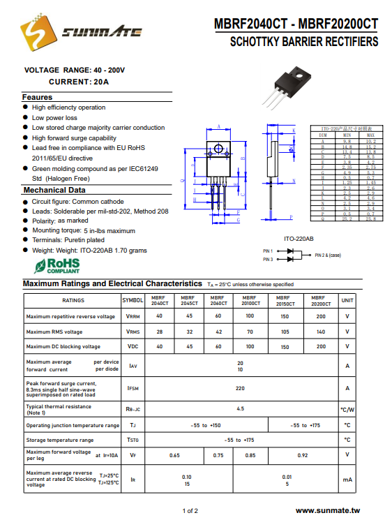 <b class='flag-5'>MBR</b>20150CT<b class='flag-5'>肖特基</b><b class='flag-5'>二極管</b>20A電流<b class='flag-5'>參數</b>規格