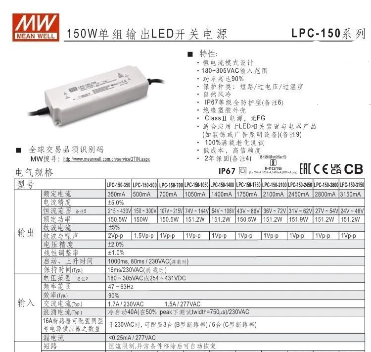 明緯電源|150W單組輸出LED開關電源LPC-150系列