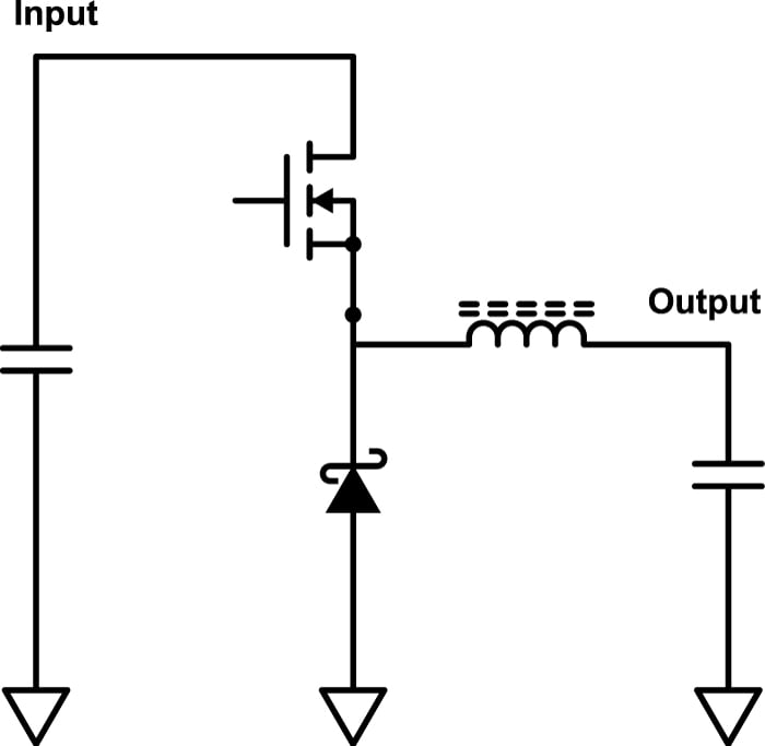 该电路为异步降压转换器。在同步降压拓扑中，低侧晶体管取代二极管。