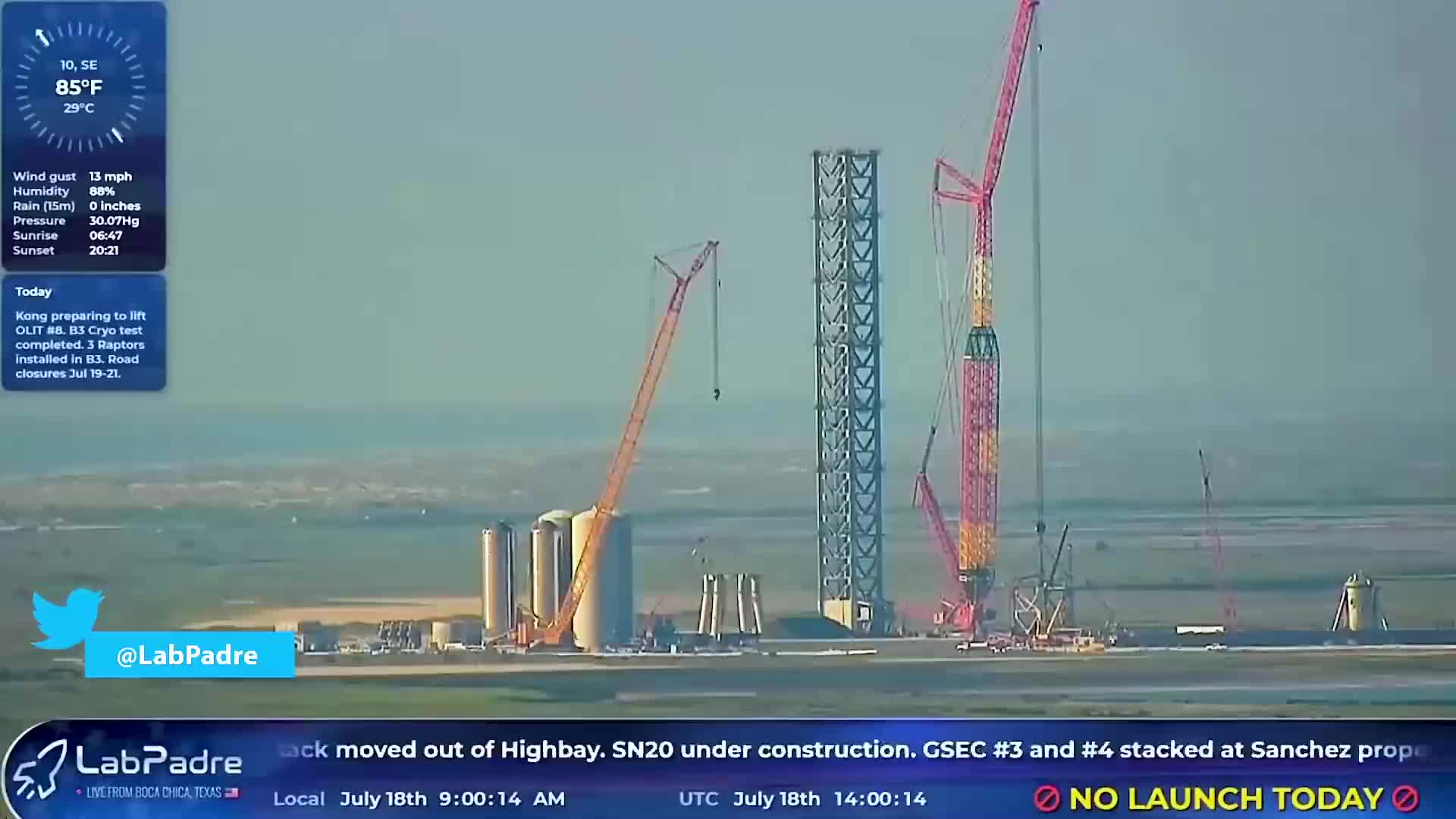 SpaceX星舰轨道发射架第8段吊装完成