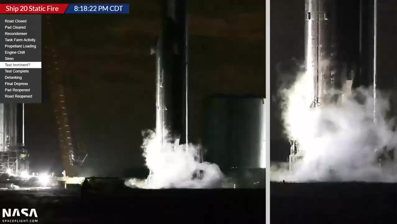 SpaceX 星舰20进行了第二次静态点火测试