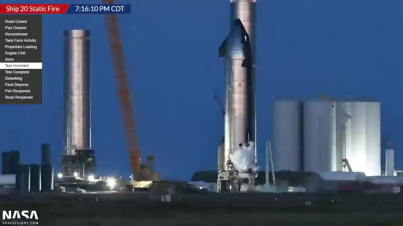SpaceX星舰20刚进行了一次静态点火测试