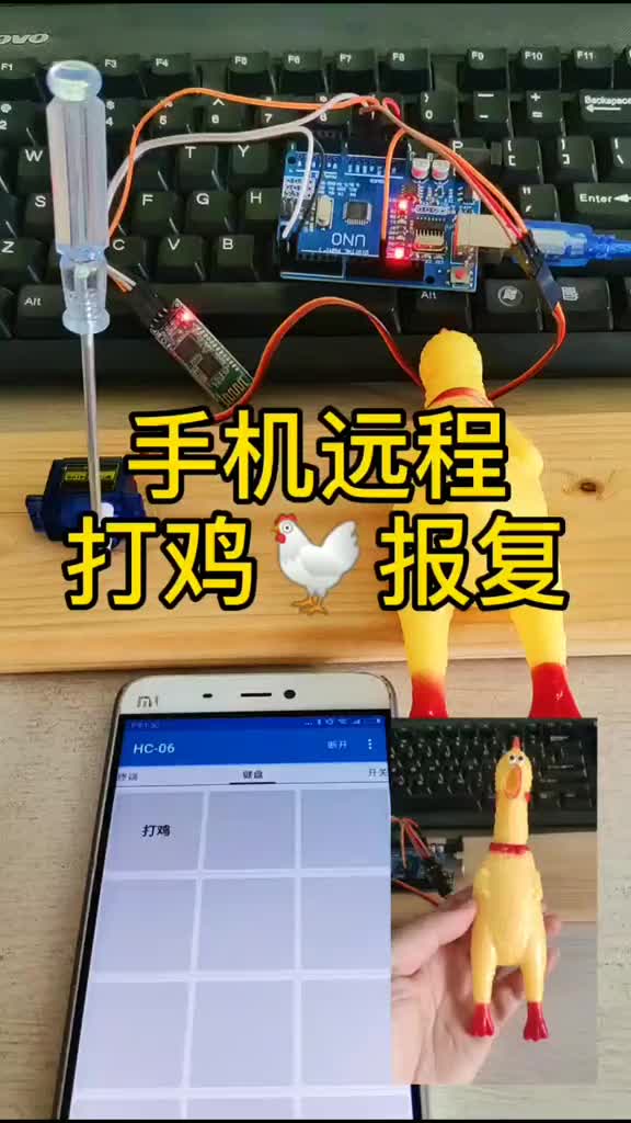 252 第六个arduino小作品。用蓝牙模块与手机连接，控制舵机运动。实现远程打鸡报复。