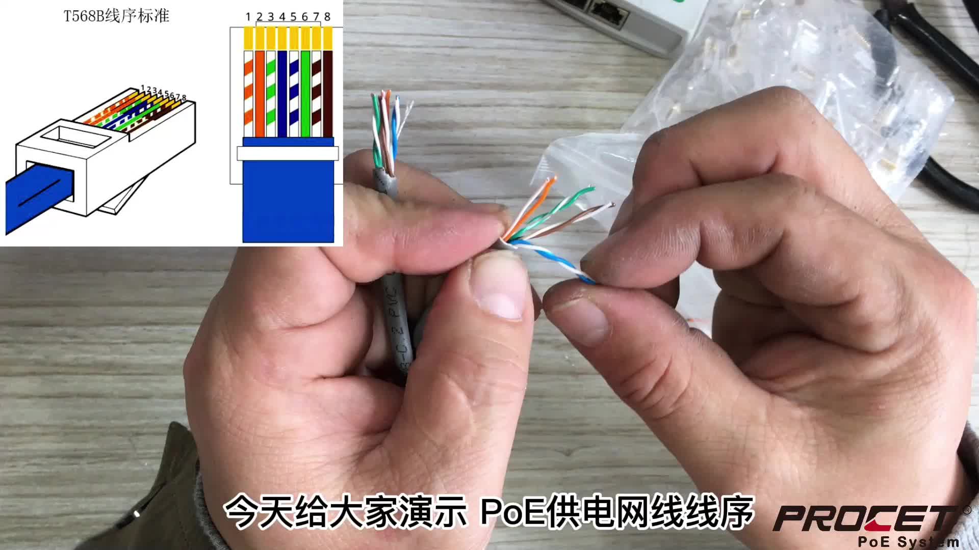 poe供电网线水晶头制作 poe供电线序 poe供电网线接法  poe供电模块网线连接 PROCET
