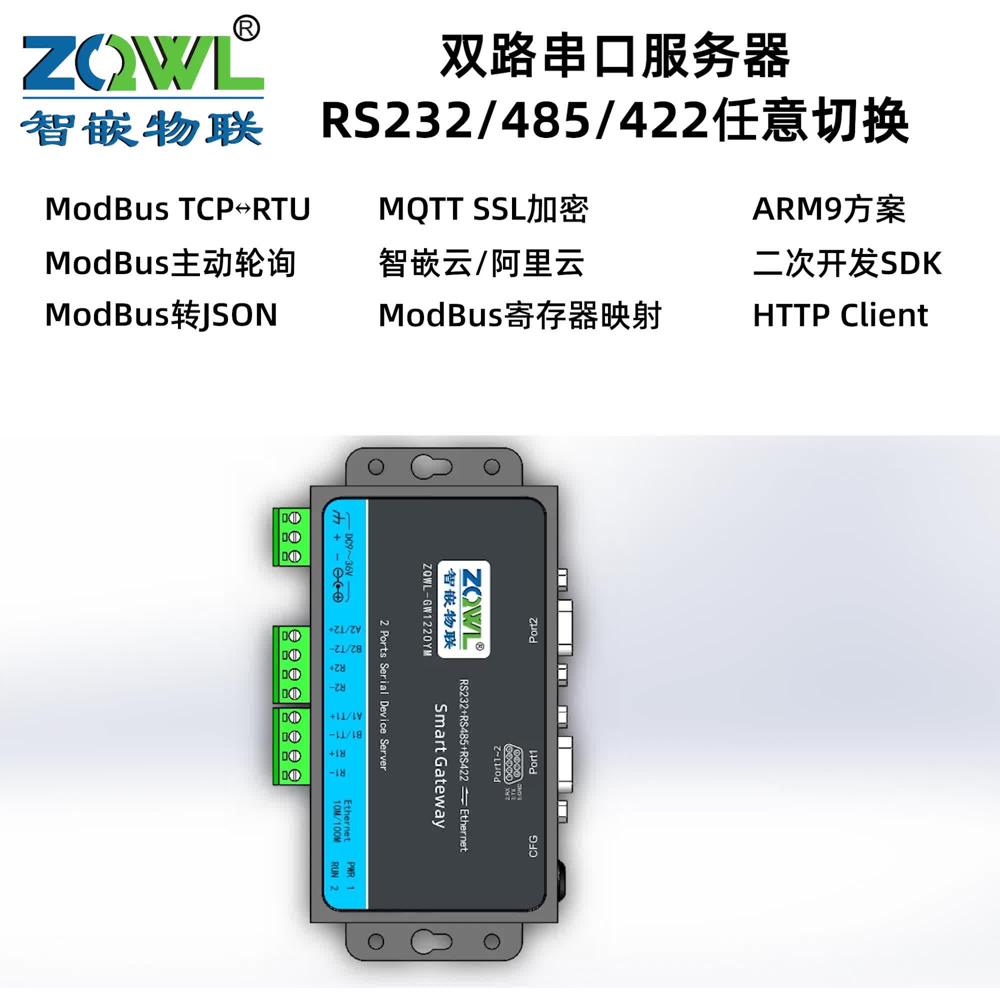 双路RS485/422/232串口服务器ZQWL-GW1220YM