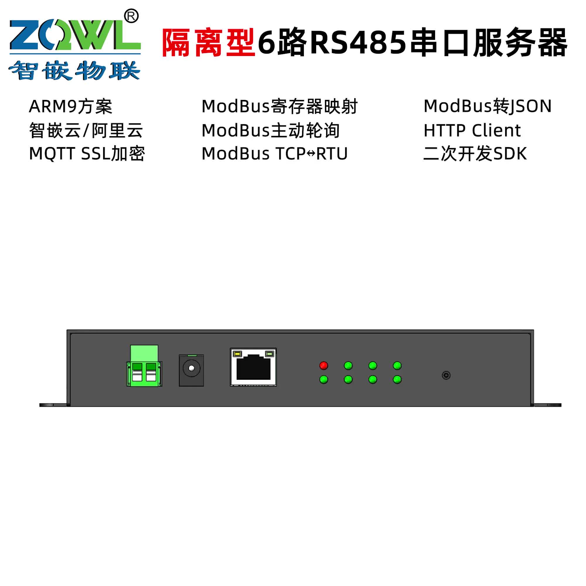 6路隔离型485串口服务器ZQWL-GW1600FM