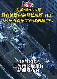 上海：力争到2025年，具有辅助自动驾驶功能（L3）汽车占新车生产比例超70%