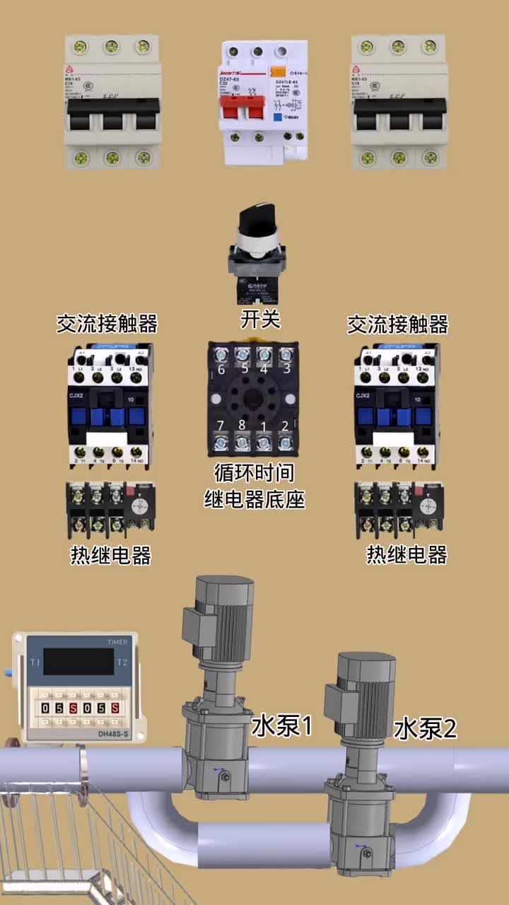 用循环时间继电器控制两个接触器让水泵实现自动循环工作#电工接线#电工知识#硬声创作季 