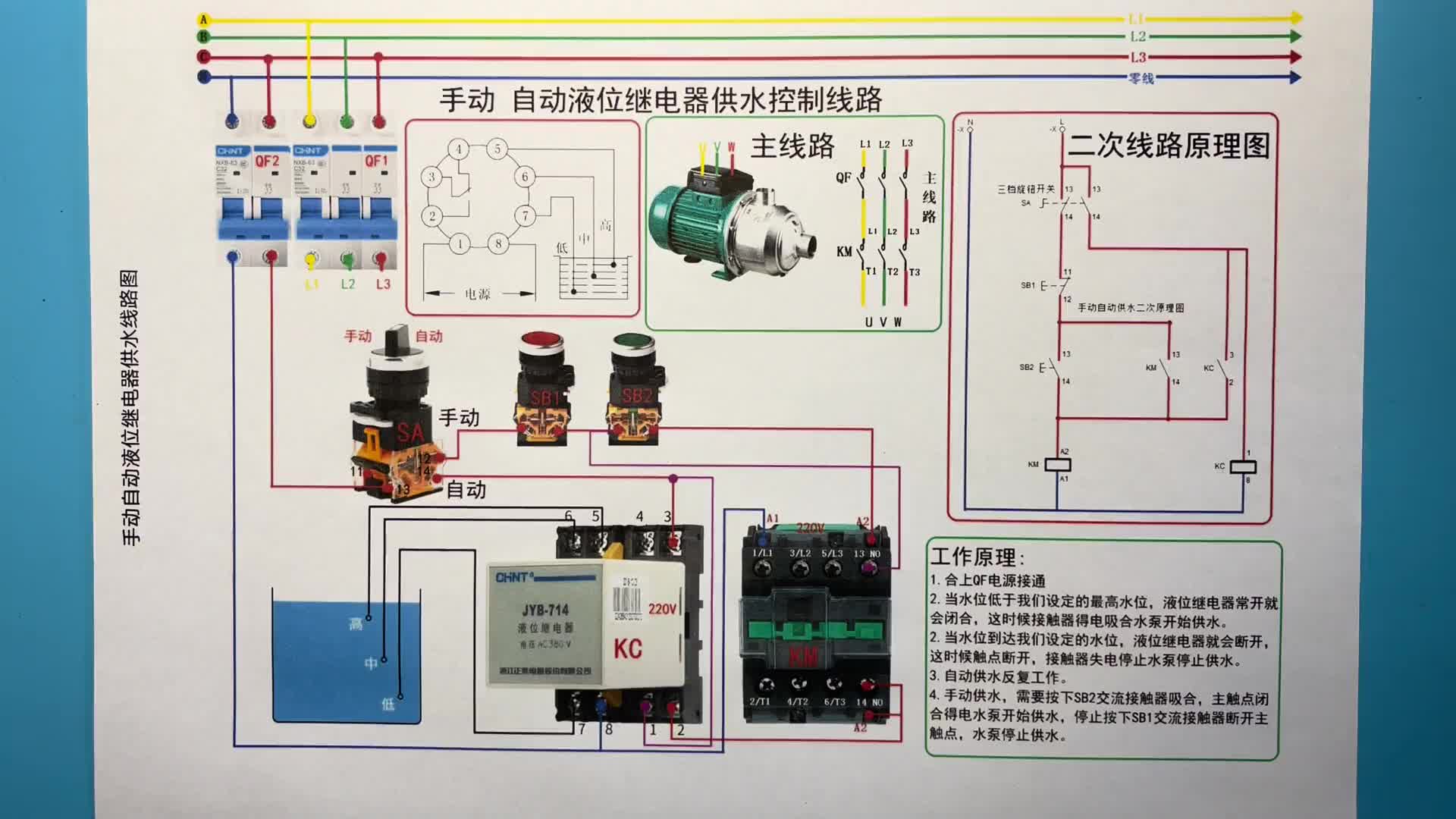 電工知識：液位繼電器實物接線演示，可實現(xiàn)手動供水，自動供水