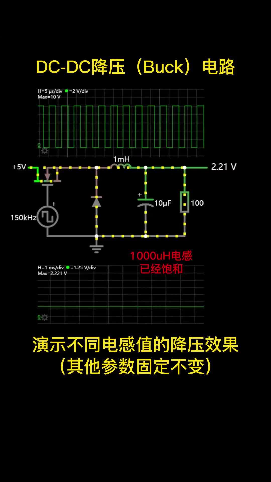 00002 DC-DC降压(Buck)电路，演示不同电感值的降压效果（其他参数固定不变）电子森林 