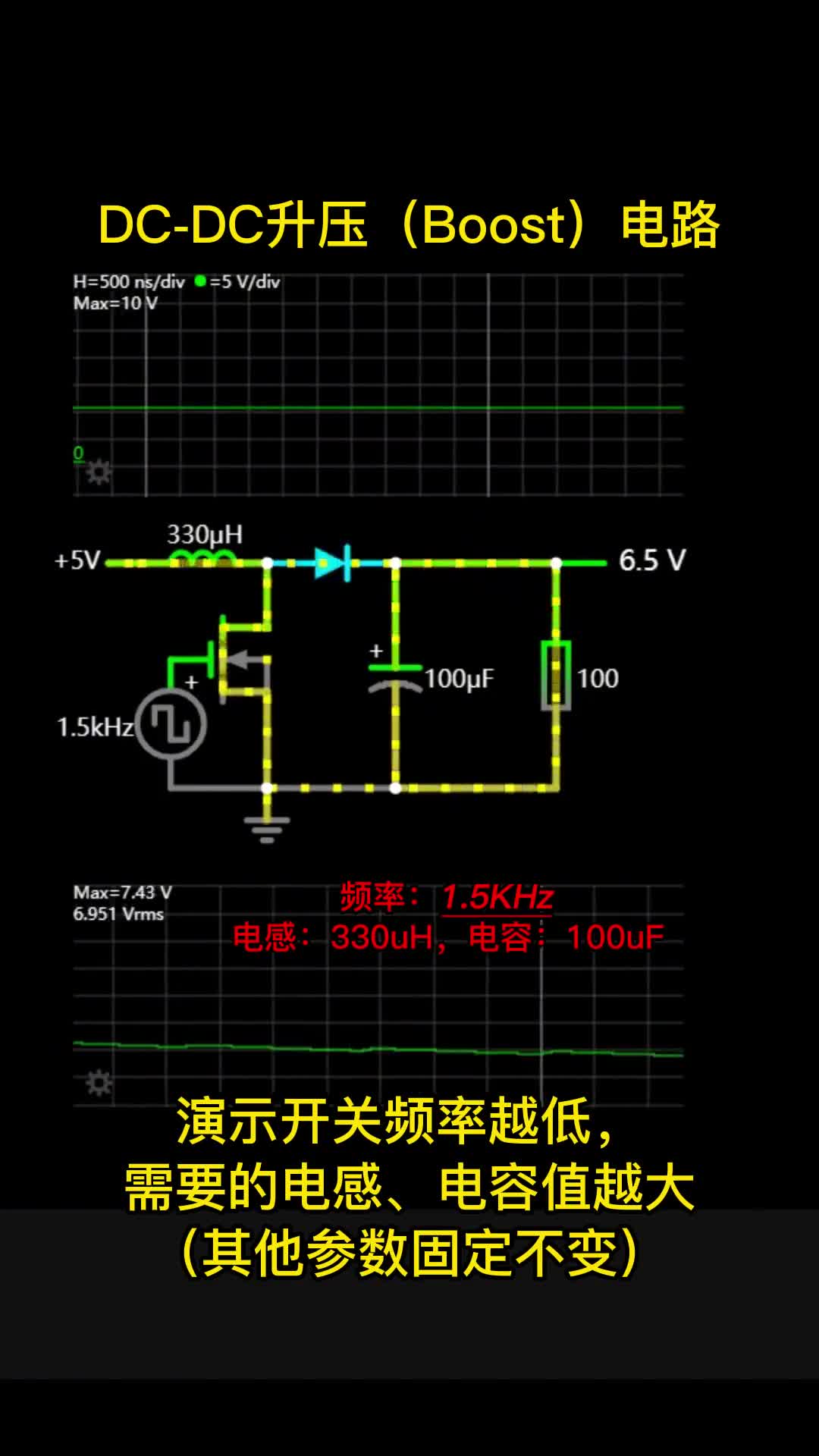 00003 DC-DC升压(Boost)电路，演示开关频率越低，稳定输出需要的电感，电容值越大（其他参数固定不