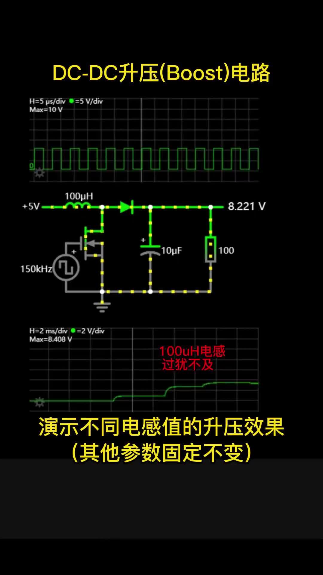 00007 DC-DC升压(Boost)电路，演示不同电感值的升压效果（其他参数固定不变）