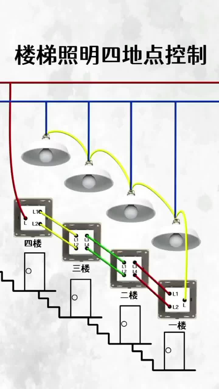 電子知識85_如何在每一層樓都能控制4盞燈泡的亮和滅？我將接線的方法分享給大家。#電工知識 