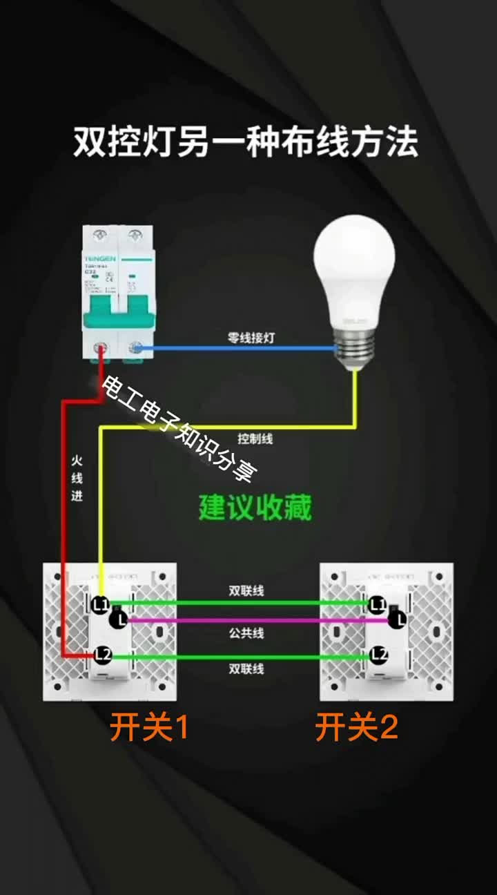 電子知識76_如何用兩個雙聯開關去控制一個燈泡，現在我將接線方法分享給大家。#電工知識 