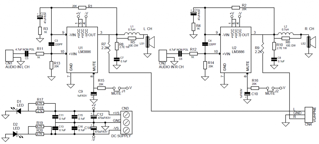 采用<b class='flag-5'>LM3886</b>的高性能立体声音频放大器电路
