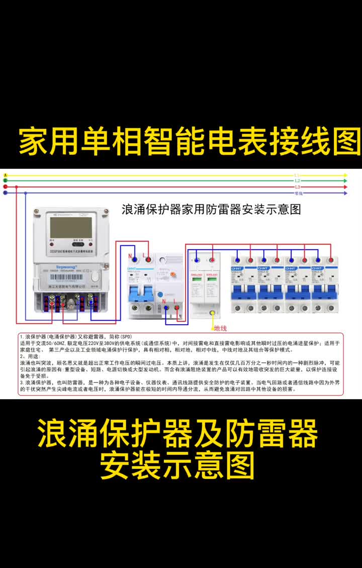 家装浪涌保护器及防雷器安装示意图，单相智能电表接线图#电工 #硬声创作季 