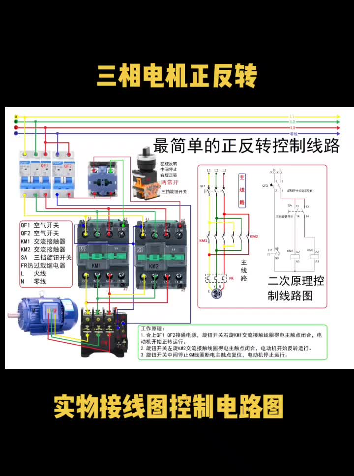 三相电机正反转实物接线图#控制原理图#电工知识分享 #硬声创作季 